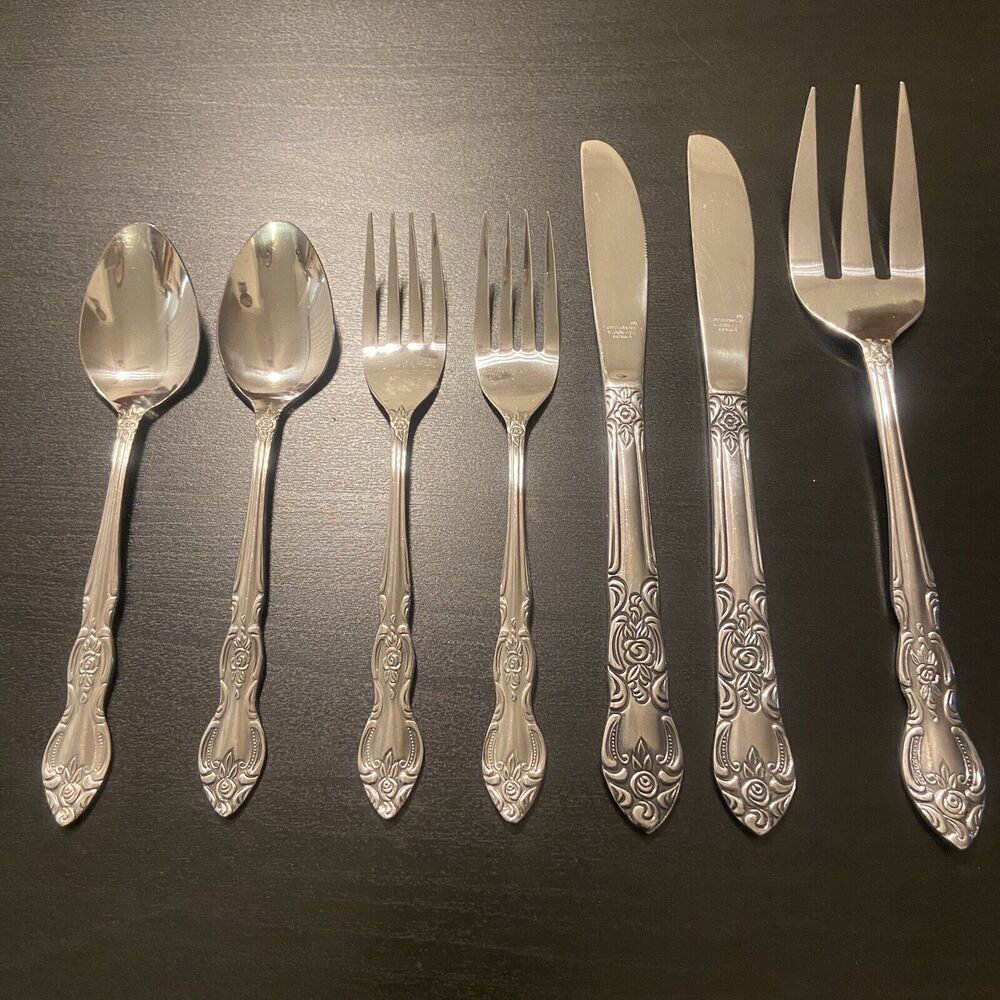VTG LUSTREWARE Korea Stainless ROSE 7pc Flatware Fork Spoon Knife & Serving Fork